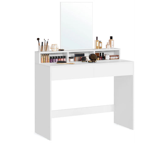 Petite Coiffeuse avec Miroir - 2 Tiroirs - 3 Compartiments - Blanche