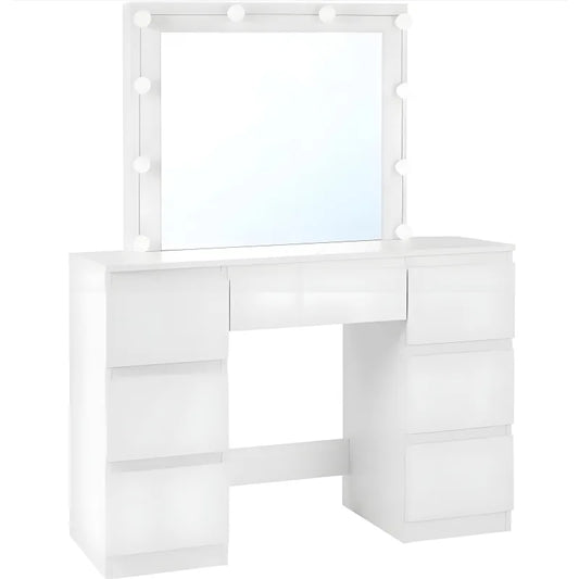 Coiffeuse Blanche avec Miroir LED - 7 Tiroirs